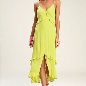 NWT Lulu's Island Time Lime Green Ruffled Midi Dress